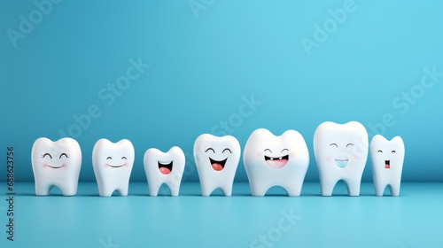 cheerful smiling tooth characters: bright and playful dental concept on turquoise background