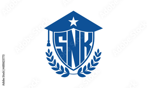 SNK three letter iconic academic logo design vector template. monogram, abstract, school, college, university, graduation cap symbol logo, shield, model, institute, educational, coaching canter, tech