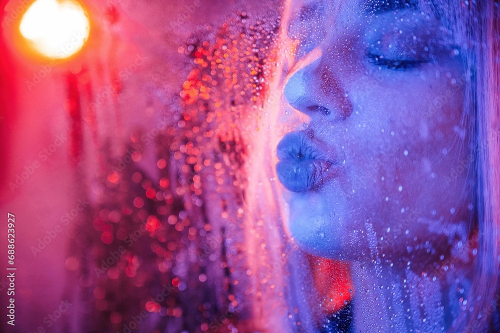 Kissing the surface. Stylish woman with white hair is behind wet transparent plastic sheet