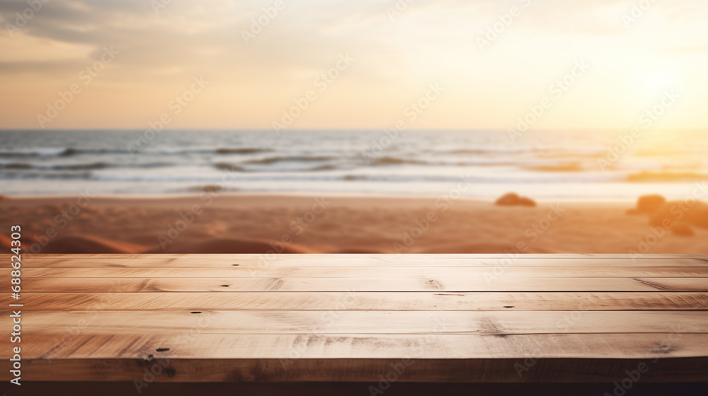 Empty wooden table with beach background, space for text marketing promotion