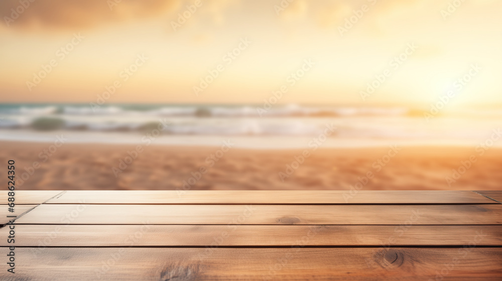 Empty wooden table with background of the sea, space for text marketing promotion Empty wooden table with background of the sea, space for text marketing promotion