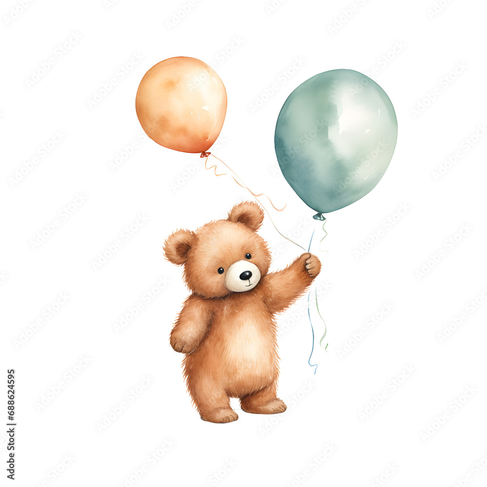 cute baby bear with balloons watercolor, New year party illustration cute baby bear with balloons watercolor, New year party illustration