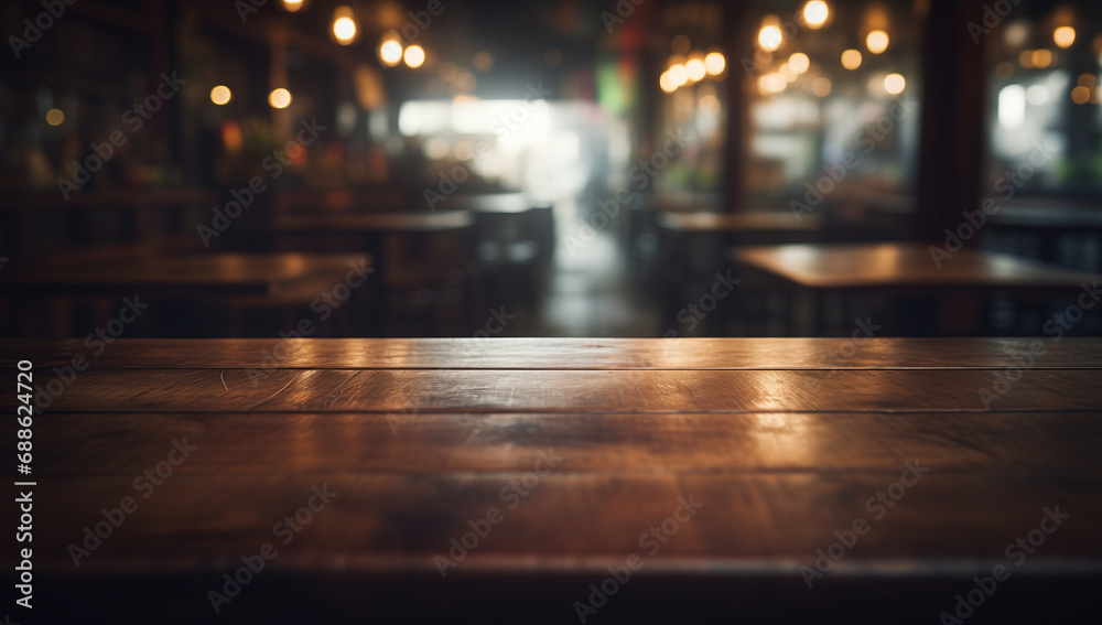 Empty wooden table for product display montages inside of a bar background