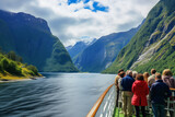 Group of tourists viewing Norwegian landscape from a cruice ship (generative ai)