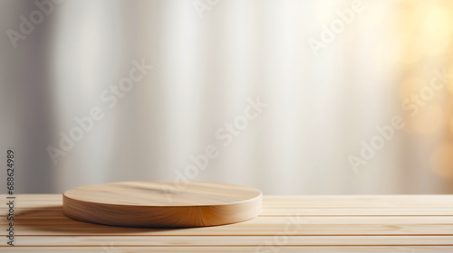 Minimalist empty wood table desk for product display montages and copy space photo