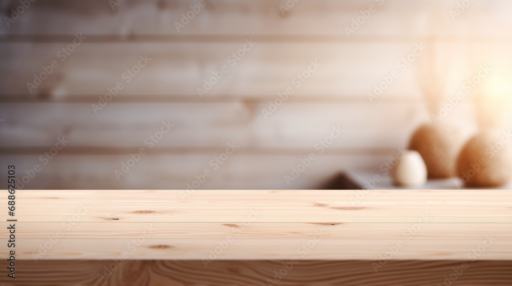 Wooden tabletop with minimalistic background, copy space for text and product promotion