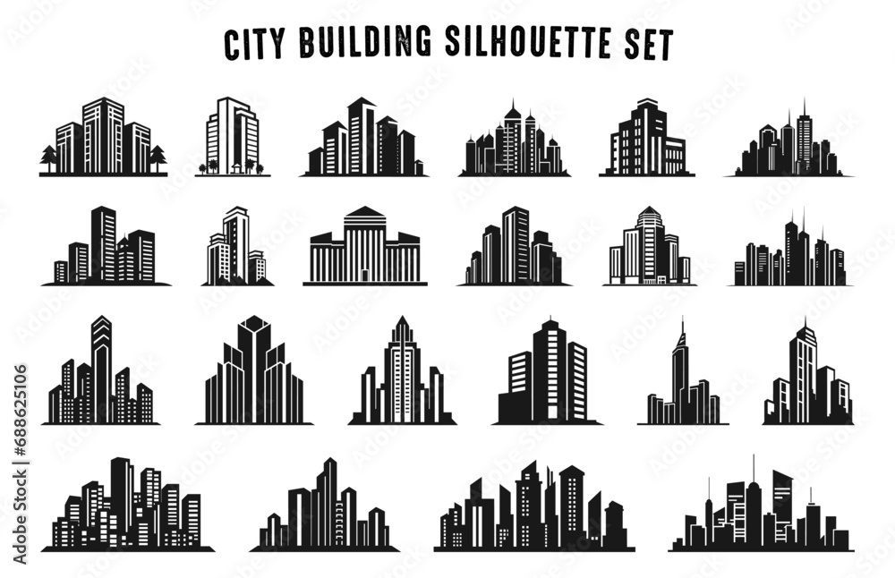 City Building Silhouette vector set, City Buildings Logo vector icon Bundle