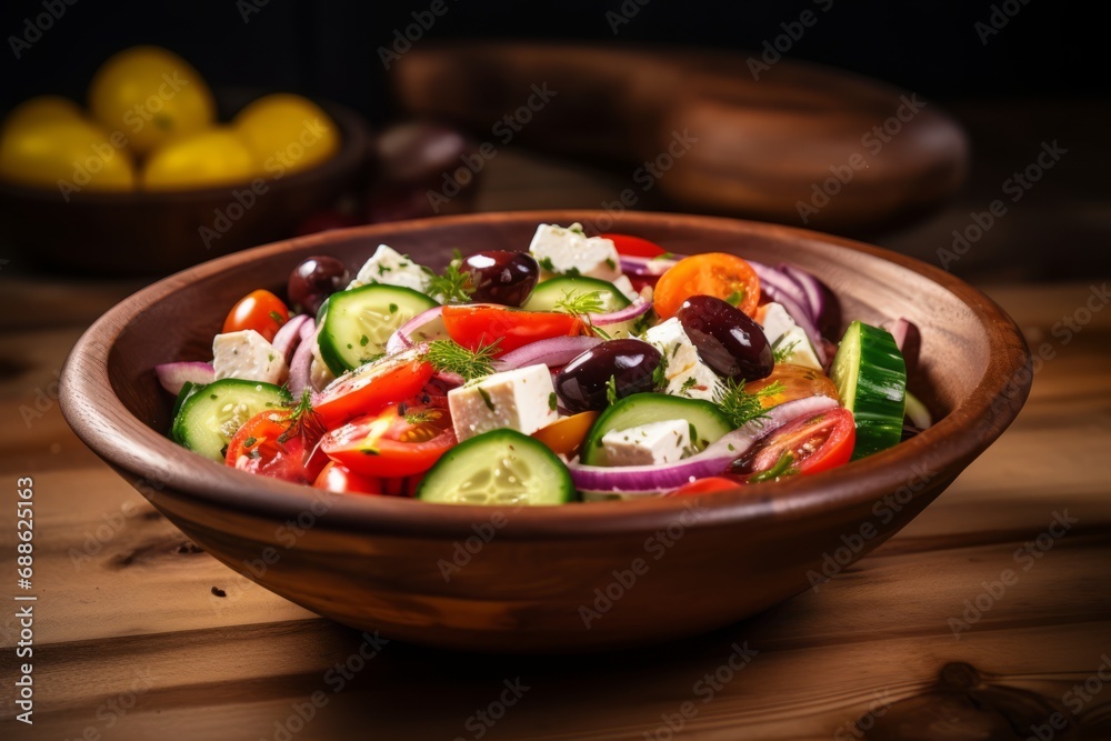 A healthy and colorful Greek salad served in a traditional ceramic bowl, perfect for a light summer meal