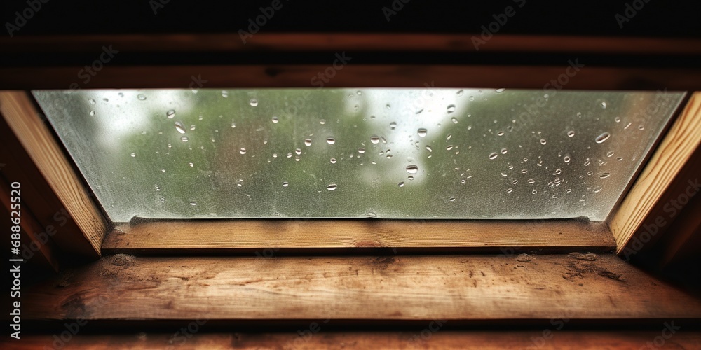 An ajar roof window in the attic, with raindrops , concept of Translucent glass An ajar roof window in the attic, with raindrops , concept of Translucent glass
