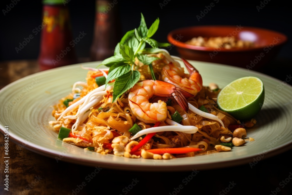 A beautifully presented dish of authentic Pad Thai, paired with a refreshing glass of white wine, in a cozy restaurant ambiance A beautifully presented dish of authentic Pad Thai, paired with a refreshing glass of white wine, in a cozy restaurant ambiance