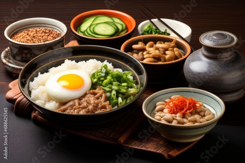 An authentic Japanese dining experience showcasing Natto, a dish of fermented soybeans, served with rice, soup, and tea