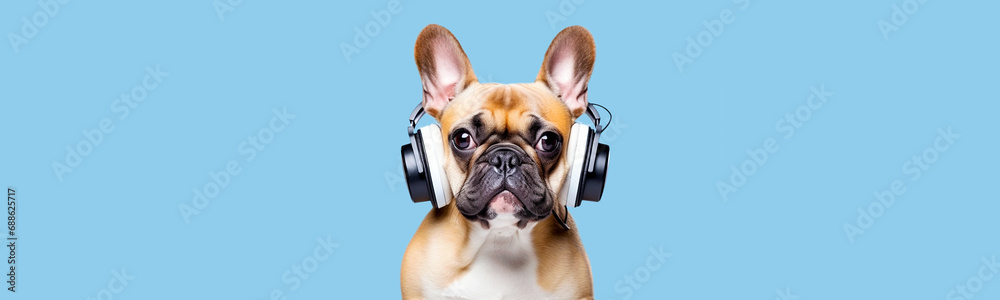 Fototapeta premium Funny dog with headphones on a color background.