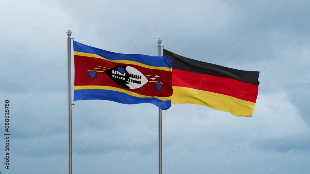 Germany flag and Eswatini flag waving together on cloudy sky, endless seamless loop, two country relations concept Germany flag and Eswatini flag waving together on cloudy sky, endless seamless loop, two country relations concept
