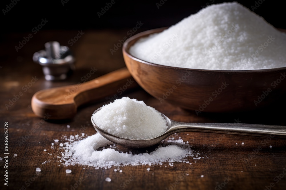 An intimate view of white sugar crystals, cascading from an old-fashioned spoon onto a weathered wooden surface An intimate view of white sugar crystals, cascading from an old-fashioned spoon onto a weathered wooden surface