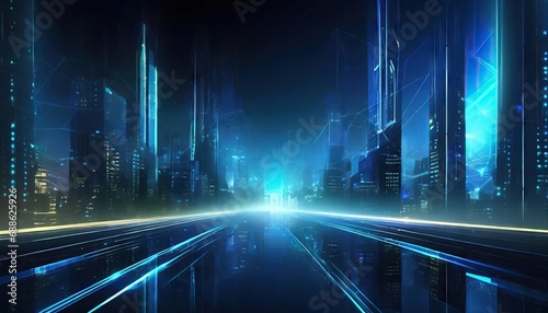 illustration urban architecture, cityscape with space and neon light effect. Modern hi-tech, science, futuristic technology concept. Abstract digital high tech city design