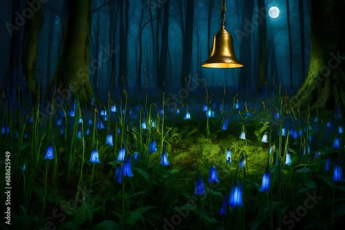 Magical Golden Bluebell Flowers in Fantasy Emerald-hued garden in a fabled elf forest; fabled bell glade and ladybugs against a midnight sky; elven magic wood under a full moon at night.
