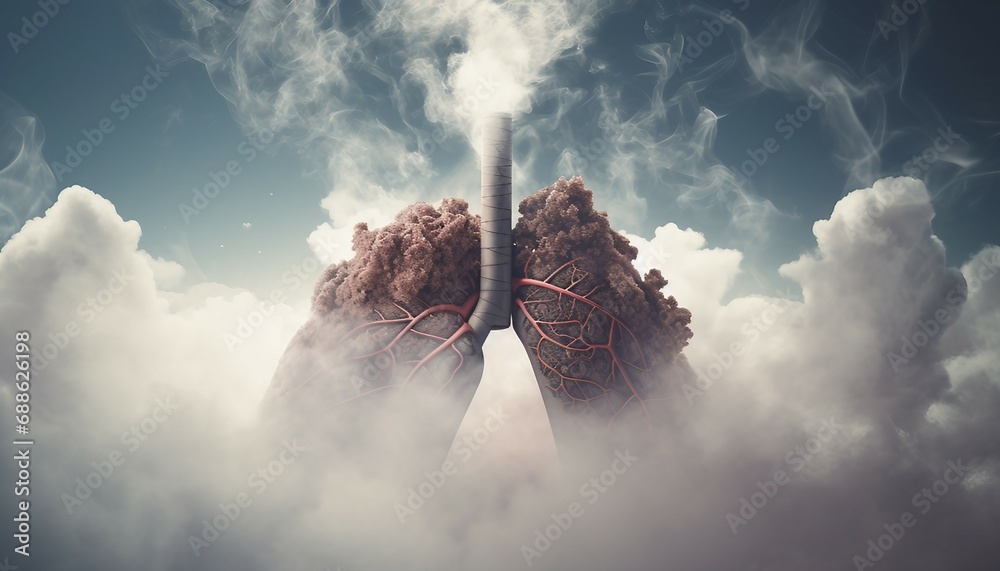 Lungs filled with cigarette smoke. Human lungs with smoke in the sky