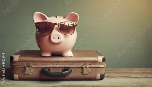 Pig piggy bank with glasses and a suitcase is preparing for vacation photo