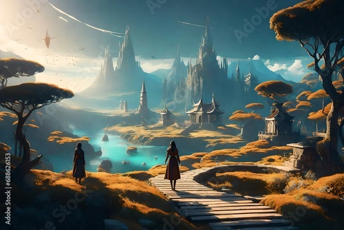 Lovely fantasy digital artwork in the form of a three-dimensional illustration depicting a landscape with silhouettes, a fantasy world, anime girls, and fantasy girls.