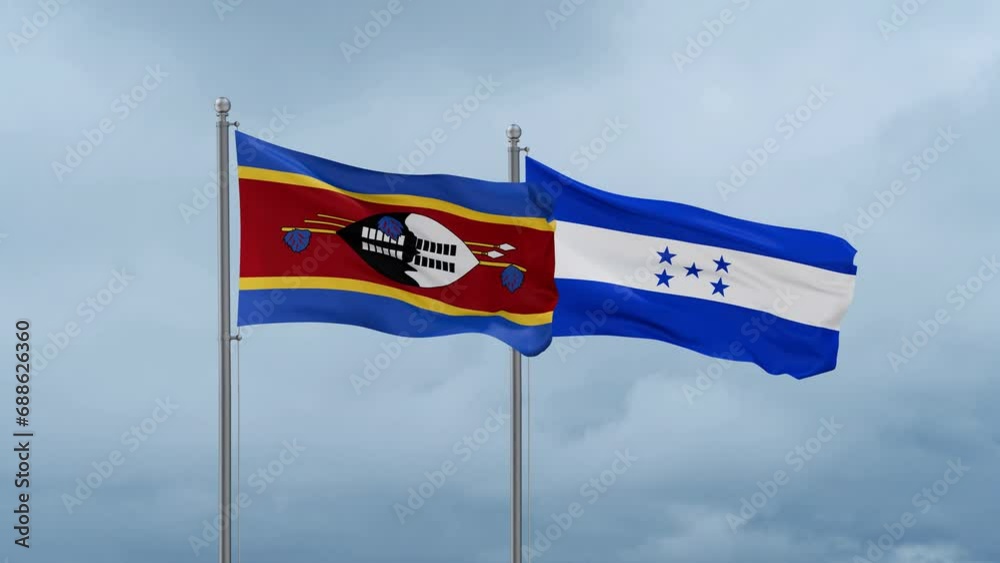 Honduras flag and Eswatini flag waving together on cloudy sky, endless seamless loop, two country relations concept Honduras flag and Eswatini flag waving together on cloudy sky, endless seamless loop, two country relations concept