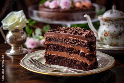 A lusciously moist slice of homemade chocolate cake, adorned with velvety ganache and delicately dusted with powdered sugar, rests on a vintage porcelain plate
