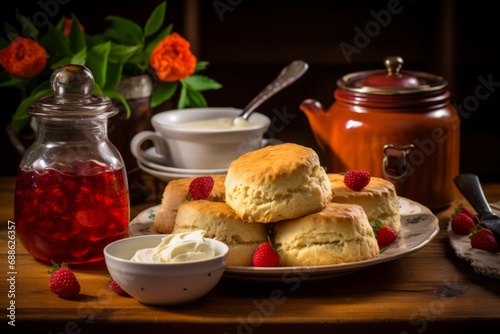 Tempting golden scones served with strawberry jam and clotted cream, sitting next to a pot of hot tea