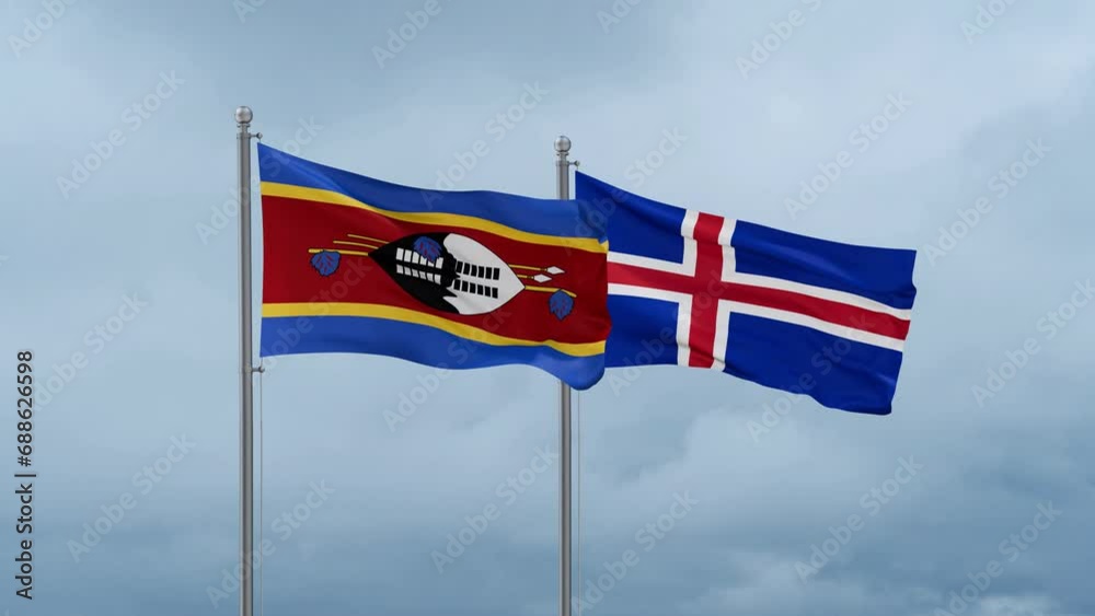 Iceland and Eswatini flag waving together on cloudy sky, endless seamless loop, two country cooperation concept Iceland and Eswatini flag waving together on cloudy sky, endless seamless loop, two country cooperation concept
