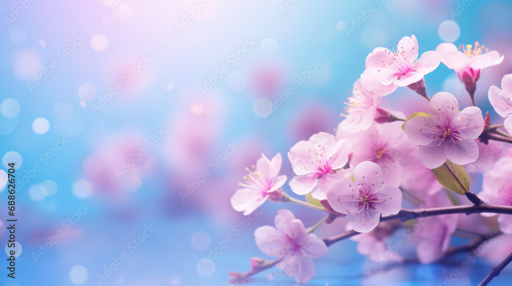 Beautiful pink flowers blooming on blue light bokeh