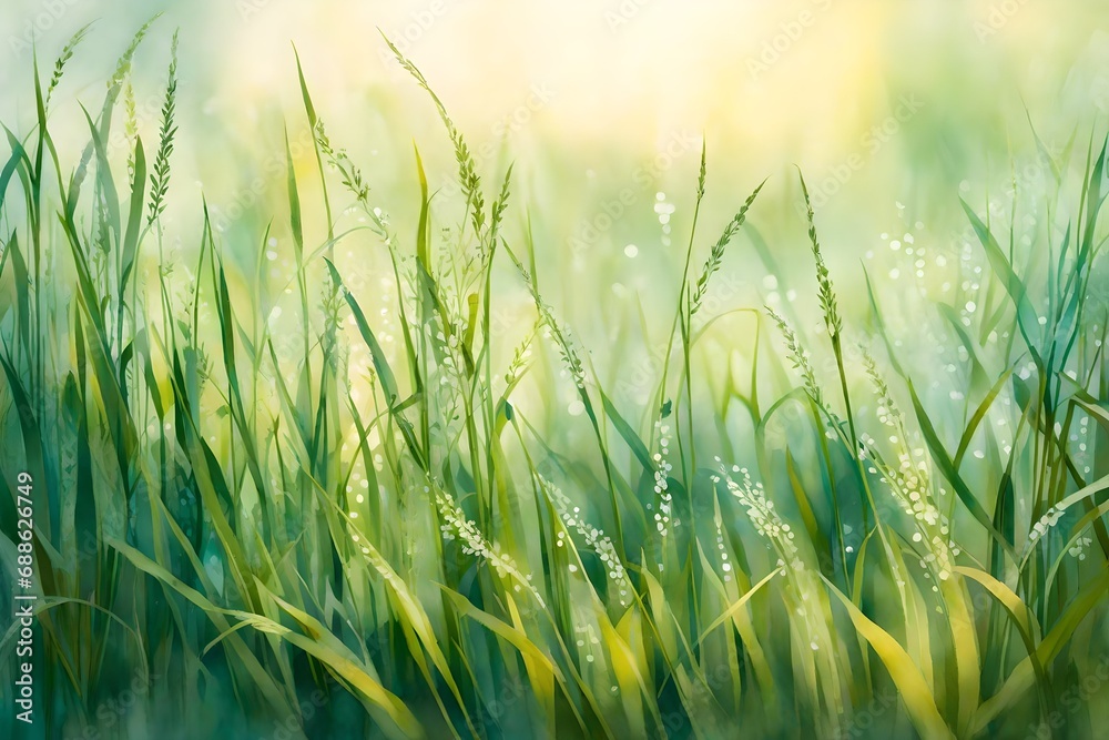 A meadow covered in dew-kissed grass, the soft morning light creating a magical ambiance, the blades of grass bending under the weight of the dew
