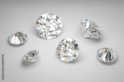 Scattering of diamonds of different sizes on a white background.  Exhibition of precious stones. Brilliant cut. 3d rendering.