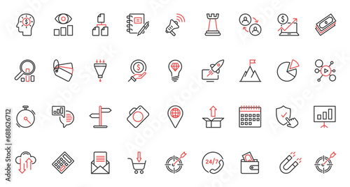 Business management, digital marketing, social media strategy red black thin line icons set vector illustration. Business technology esearch market, target information advertising campaign product photo