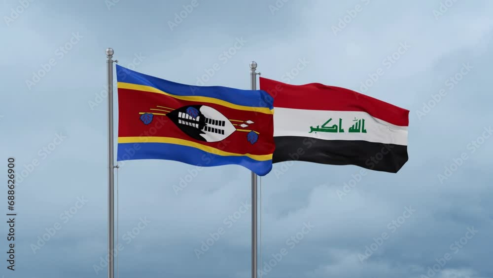Iraq flag and Eswatini flag waving together on blue sky, looped video
