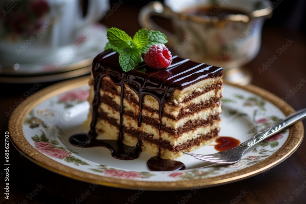 A slice of Bavarian tradition: Prinzregententorte with its multiple layers of sponge cake and chocolate buttercream A slice of Bavarian tradition: Prinzregententorte with its multiple layers of sponge cake and chocolate buttercream