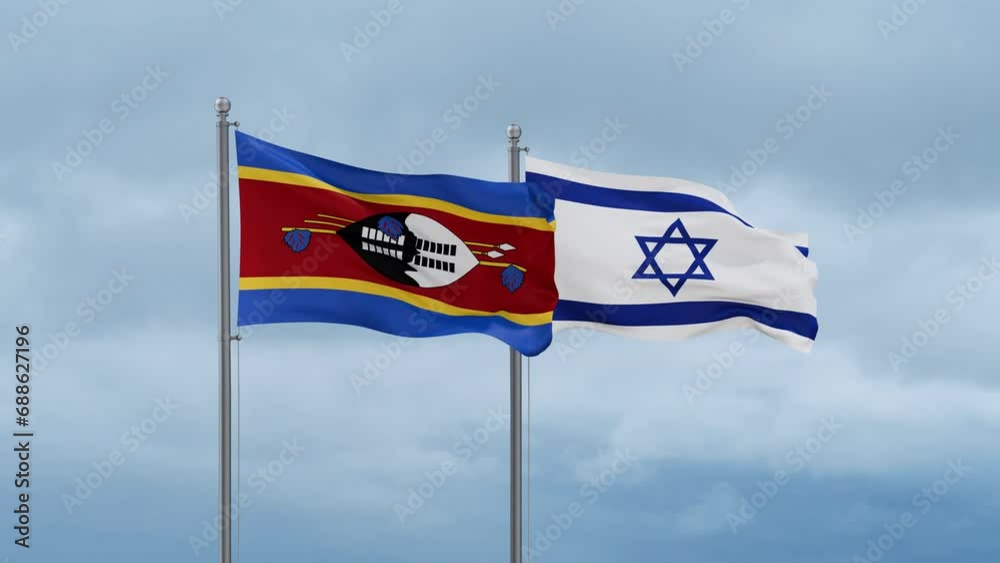 Israel flag and Eswatini flag waving together on cloudy sky, endless seamless loop, two country relations concept Israel flag and Eswatini flag waving together on cloudy sky, endless seamless loop, two country relations concept