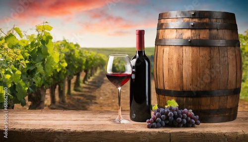 Red Wine Bottle, Glass, and Wooden Barrel in Harmony