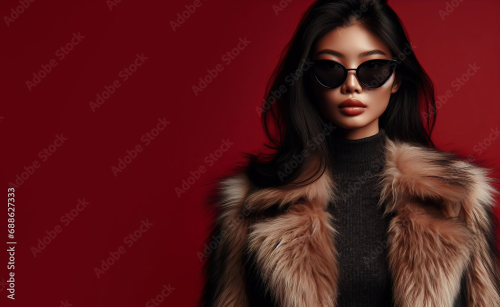 woman in fur coat, copy space, red background woman in fur coat, copy space, red background