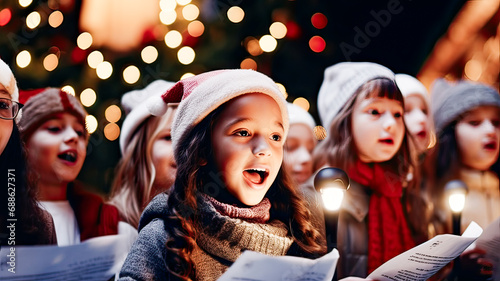 Children, lights, hats, sing, festive.