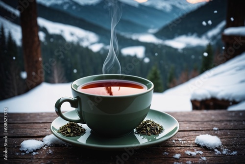 Tee im Schnee: Nahaufnahme einer Tasse Kräutertee auf einem Holztisch, umgeben von einer verschneiten Landschaft im Freien, leicht dampfend