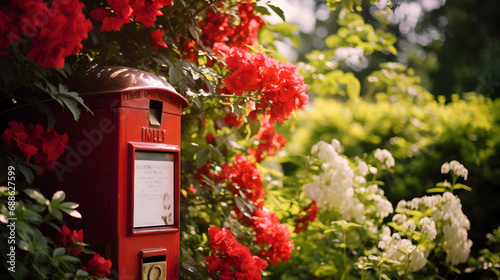 Red colored traditional post box among flowers