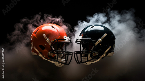 Two football helmets on smoky background - ai generative