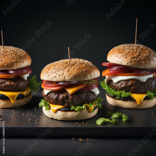 Realistic gourmet burgers on dark surface