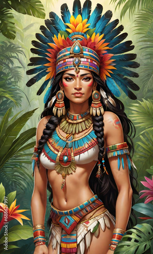 Image of an Aztec princess with jewelry and ceremonial clothing against a lush background of tropical plants, AI GENERATED