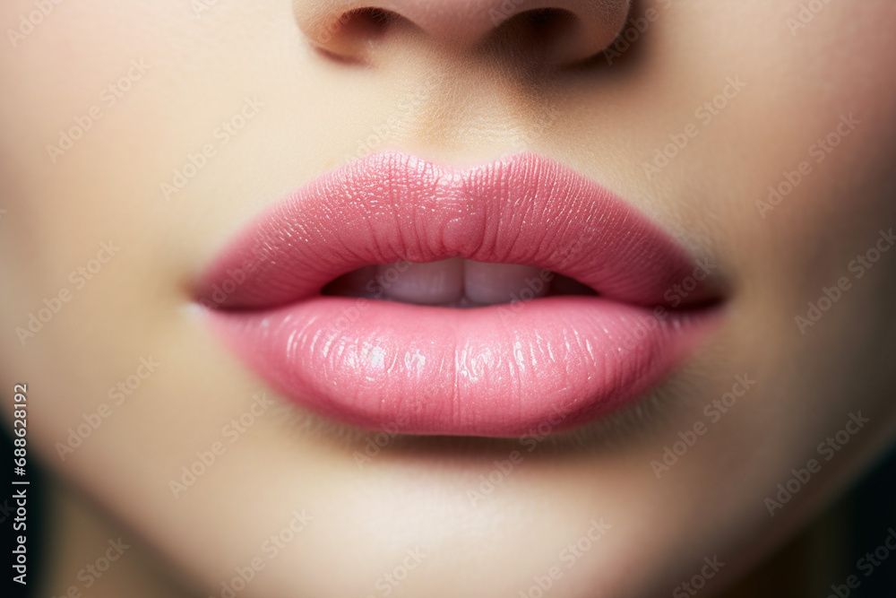Lips augmentation concept, beautiful shinny plump lips closeup - obrazy, fototapety, plakaty 