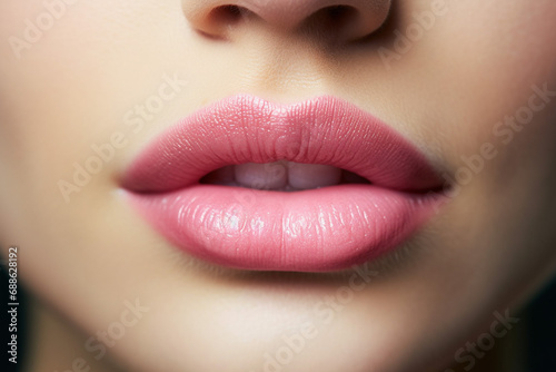 Lips augmentation concept, beautiful shinny plump lips closeup