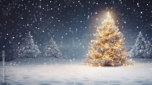 Winter Wonderland Celebration: Holiday Festive Background with Snowy Tree and Garland Lights