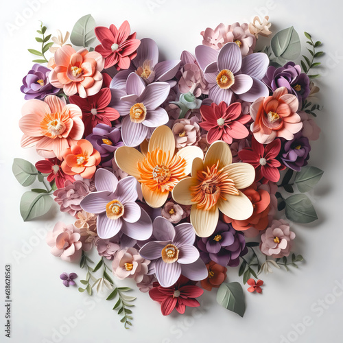 Heart shape made of multi-colored flowers  top view.