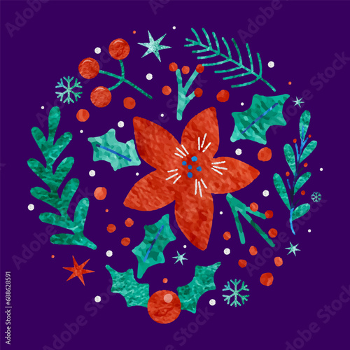 Watercolor winter plant decoration. Plant, flowers and berry round print