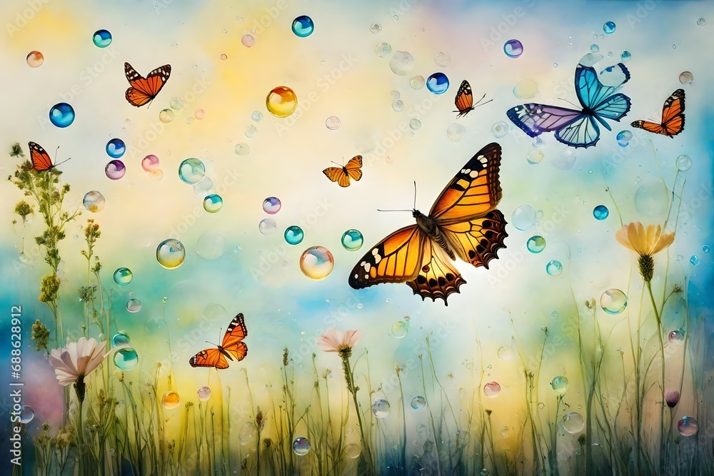 An enchanting meadow with bubbles floating, each encapsulating a unique butterfly in various stages of flight, the air filled with a sense of magic and wonder