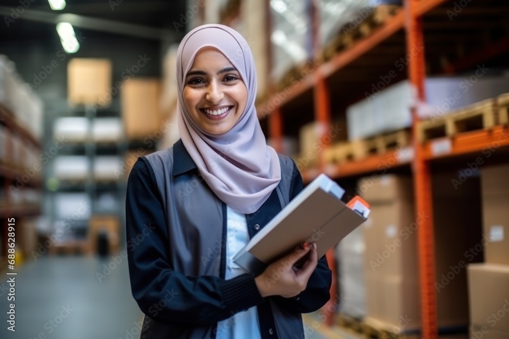 portrait of a smiling muslim female warehouse worker portrait of a smiling muslim female warehouse worker