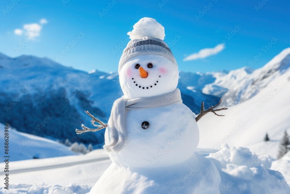 Fototapeta premium snowman in mountains with blue sky